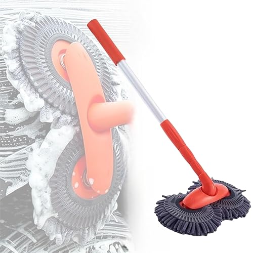 Car Wash Mop with Long Handle, Telescopic Rotating Head, Microfiber Car Cleaning Brush, Black, Floor Surface, Polyester Head gift (E)