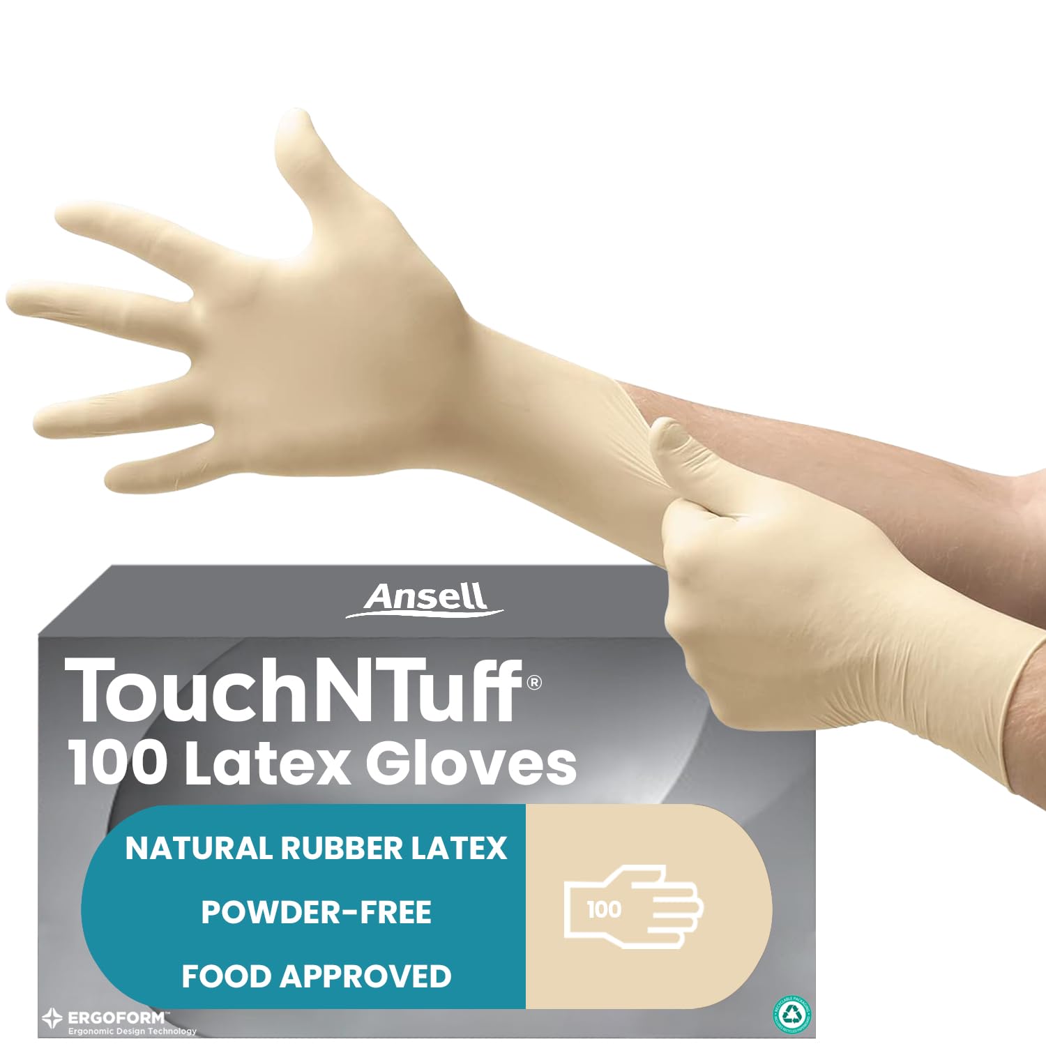 Ansell TouchNTuff Disposable Latex Gloves with Textured Fingertips, Powder-Free and Food Certified, Multipurpose Professional, Industrial Safety, White, Size XS (100 Gloves)