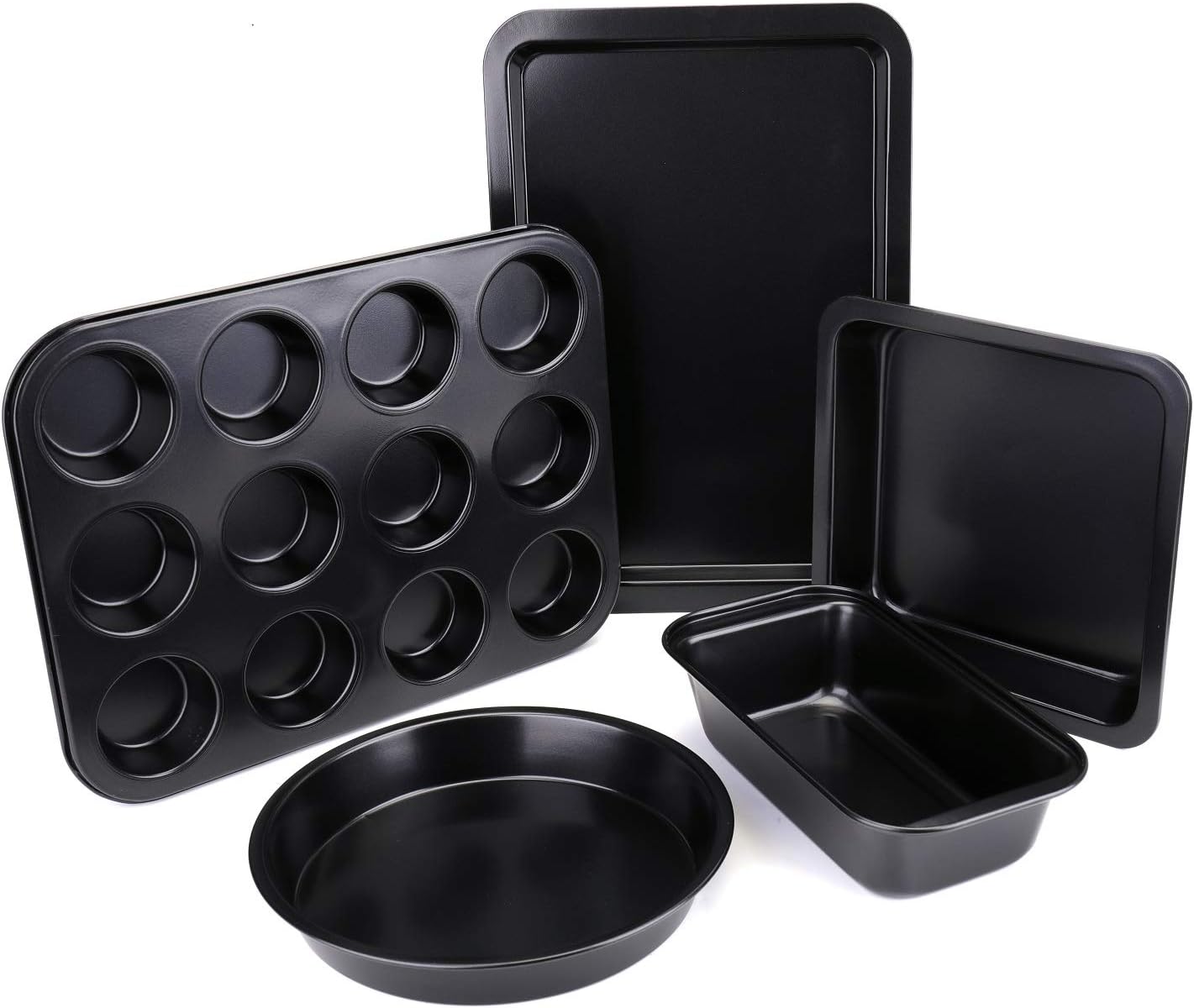 Tebery 5 Pack Nonstick Bakeware Set Includes Cookie Sheet, Loaf Pan, Square Pan, Round Cake Pan, 12 Cups Muffin Pan: Kitchen & Dining