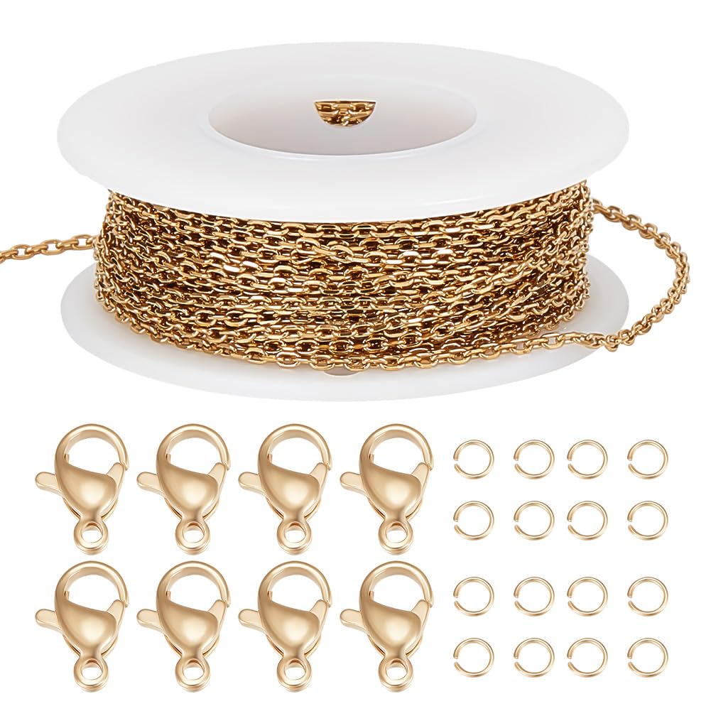 Beebeecraft 32.8 Feet Necklace Cable Chains 18K Gold Plated 10M Cable Link Chains with 20Pcs Lobster Claw Clasps and 50Pcs Open Jump Rings for DIY Crafts Bracelet Jewellery Making