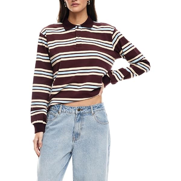 Women Oversize Stripe Polo Shirt Top Long Sleeves Lapel Neck Polo
