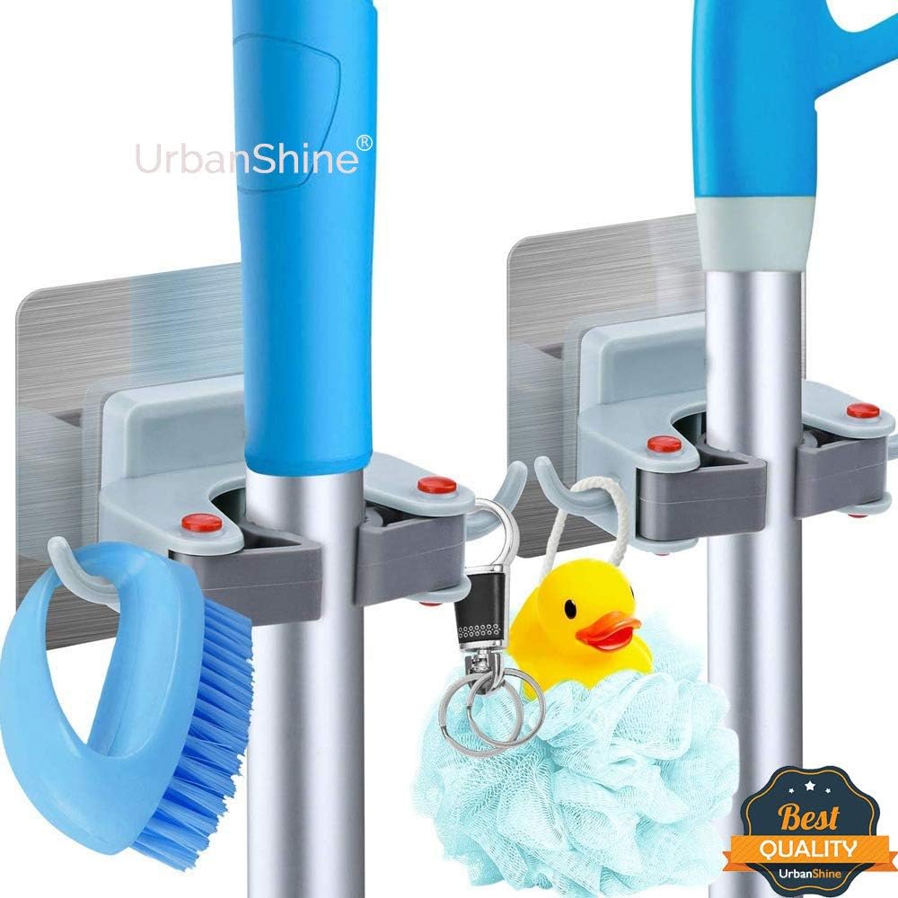 UrbanShine Wall Mounted Self Adhesive Multipurpose Mop & Broom Hanger Holder Organizer for Kitchen, Bathroom, Garage and Garden (Set of 2)