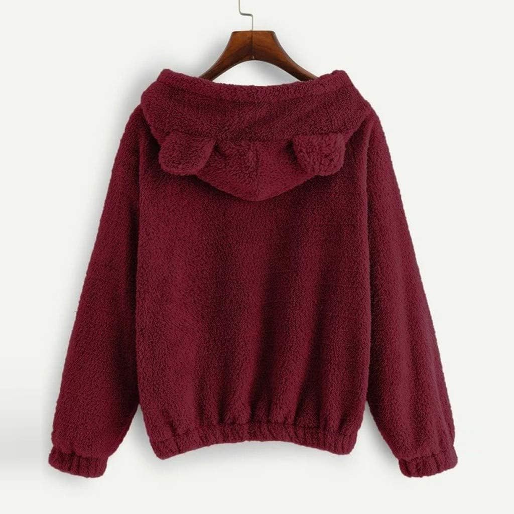 Sunmoot Teddy Bear Hoodie Coat for Womens Long Sleeve Fleece Sweatshirt Warm Bear Shape Fuzzy Hoodie Sweater Pullover: Clothing