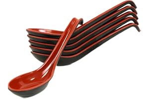 Japanese Melamine Plastic Soup Spoons Red and Black with Long Handle, Set of 6