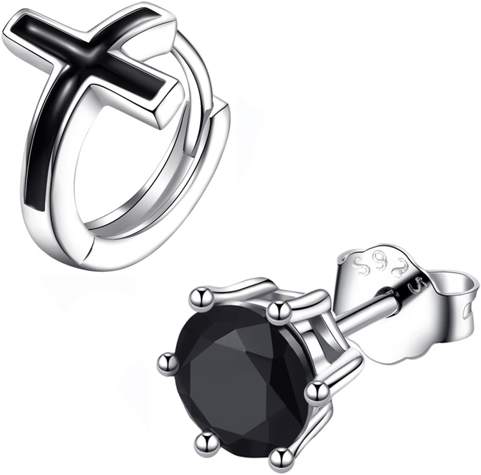 2 Single Black Men's 925 Sterling Silver stud Hoop earrings with 5A cubic zirconia or Cross for Christmas or Birthday with iBegem giftbox