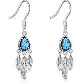 Turquoise Feather Earrings 925 Sterling Silver Vintage Turquoise Feather Dangle Earrings Bohemian Style Jewelry Gift for Women