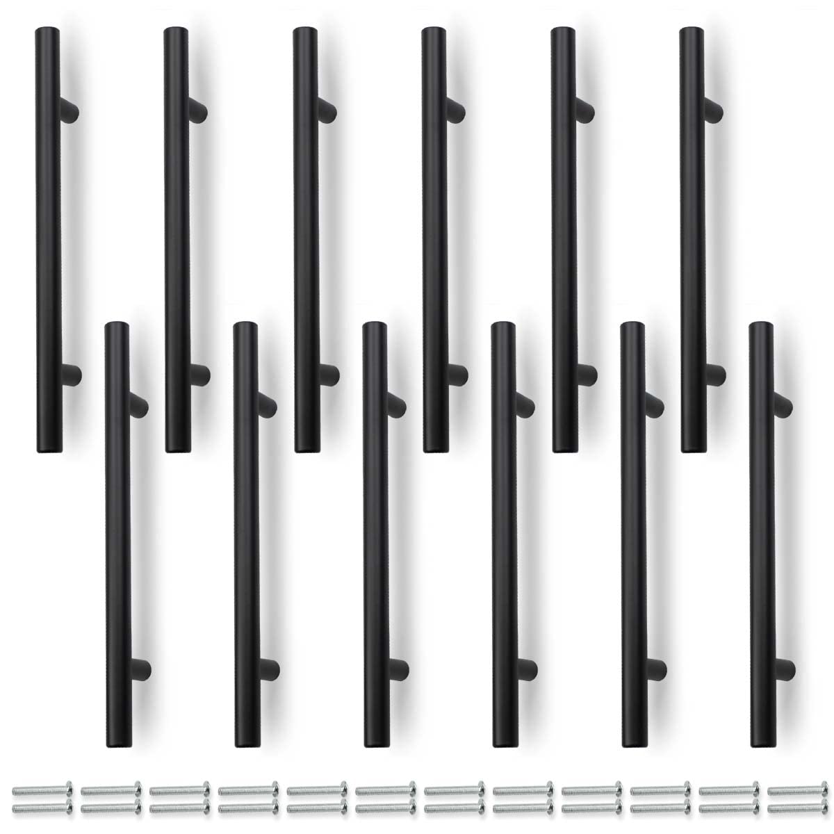 Bwintech 12 Pcs 150MM (96MM Hole Center) Matte Black Cabinet Pull Handles Kitchen T Bar Handles, Stainless Steel, Ideal for Cabinet, Drawer, Cupboard
