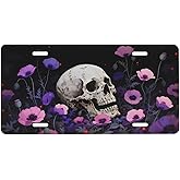UEQIKI Floral Skull Purple Front License Plate for Women Car Vanity Plates Decorative Aluminum Metal Cute Novelty License Plate Cover for Men 6x12 Inch (4 Holes)