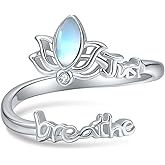 ONEFINITY Just Breathe Ring 925 Sterling Silver Lotus Moonstone/Semicolon Amethyst Opal Adjustable Thumb Open Ring Anxiety Mental Health Awareness Inspirational Jewelry Gifts for Women Mom Grandma