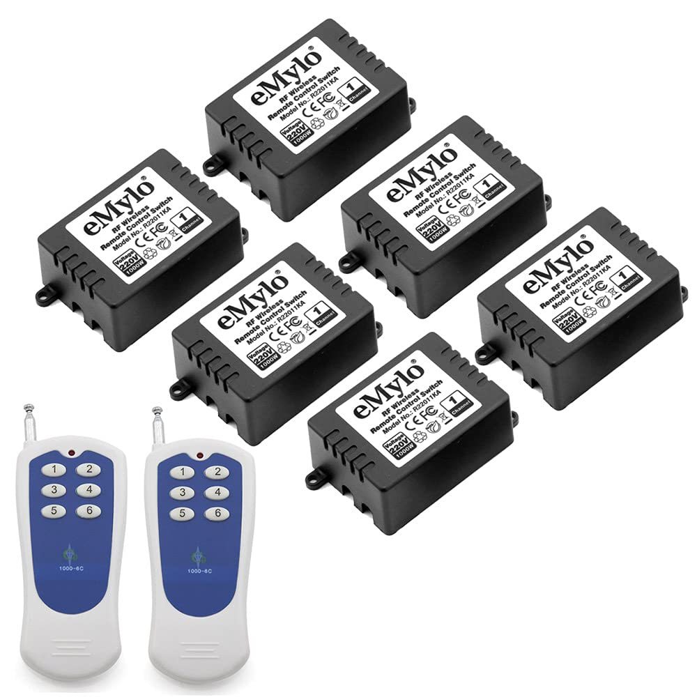 eMylo Wireless RF Remote Control Switch Long Range Remote Relay AC 220V-230V-240V 1000W 6 x 1 Channel Smart RF Relay (2 Transmitter & 6 Receiver)