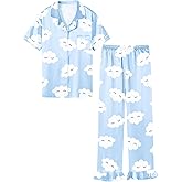 QZH.DUAO Girls Satin Pajamas Set Button Down Silk 2 Piece Pj Sets Ruffle Pants Sleepwear, Blue Eyelashes, 13-14 Years