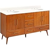 Signature Hardware 953363-60-UM-8 Novak 60" Freestanding Teak Double Basin Vanity Set with Cabinet, Vanity Top, and Oval Unde