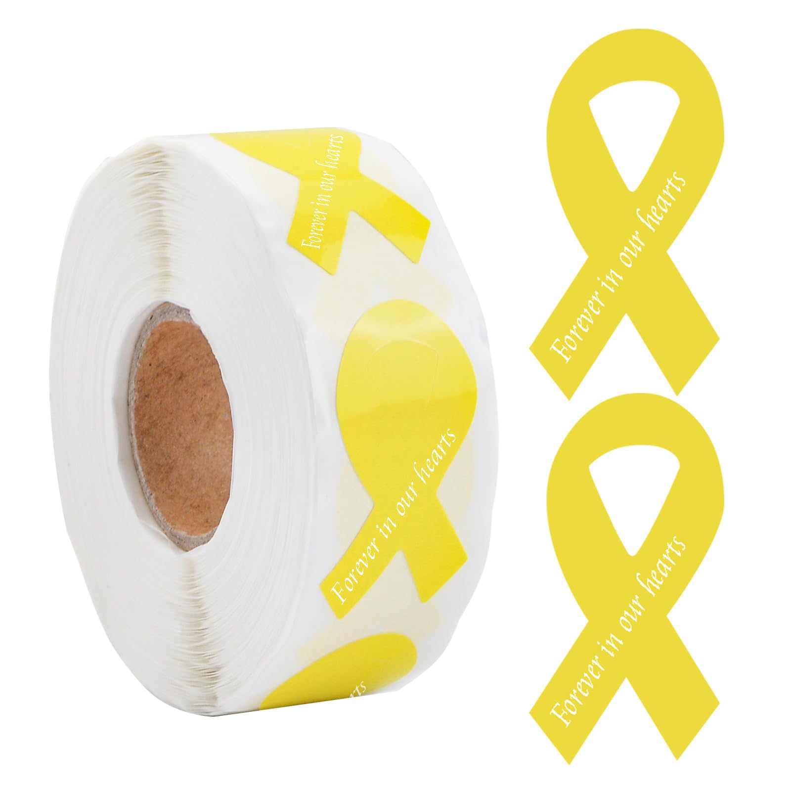 WANDIC Yellow Ribbon Awareness Sticker, 500 PCS Ribbon-Shaped Stickers in Forever in Our Hearts for Bladder Cancer Childhood Cancer Bone Cancer Awareness