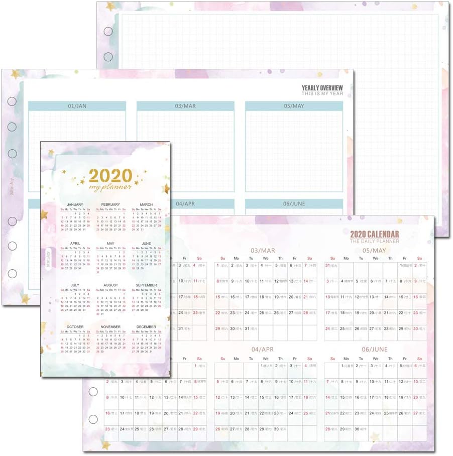 MyPretties 6-Ring Binder Folded Refill Papers A5 A6 Filler Papers for 6 Hole Organizer Refills Inserts (A6, J951 2020 Calendar Package 3 Folded / 23 Sheets)