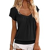 Hongqizo Womens V Neck T Shirts Cap Sleeve Summer Casual Shirts Banded-Bottom Loose Fit Basic Tops