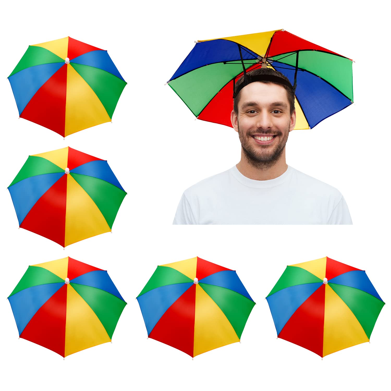 Lanjue 5 Pcs Rainbow Umbrella Hat, Head Umbrella Hat Fishing Umbrellas Hats Adjustable Umbrellas Hats with Elastic Band for Outdoor Golf Camping Gardening Festival Essential Adult Kid