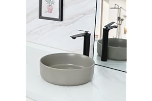 bathivy 14.2" Matte Khaki Round Vessel Sink with Pop up Drain, Bathroom Vessel Sink, Above Counter Bathroom Sink, Small Porcelain Ceramic Vessel Sink, Sink Bowls for Bathrooms, Countertop Vessel Sink