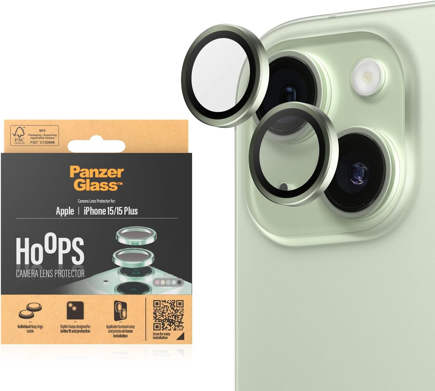PanzerGlass™ Hoops camera lens protector for Apple iPhone 15 | 15 Plus - protection with style, shockproof glass, green