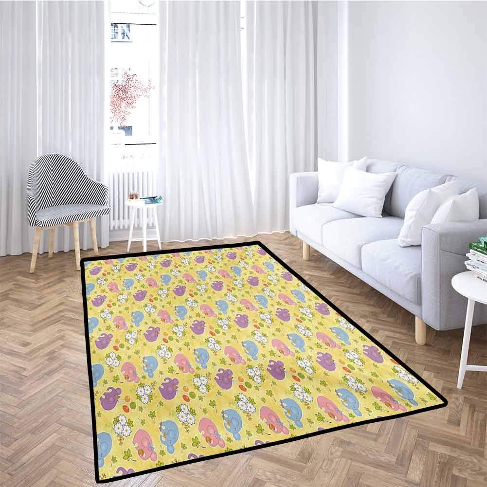 Elephant Rectangular Rug Blossoming Cartoon Flowers and Animal Mascots Balloons Bow Ties Playful Clip Art for Play Area Playroom Bedroom Multicolor 6x9 Feet