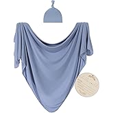 Kloovete Large Jersey Knitted Swaddle Blanket for Baby, Soft Stretchy Receiving Blanket for Newborns with Hat, Baby Nursery Swaddle 47 x 47 inches(Steel Blue)
