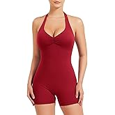 YEOREO Women Halter Workout Jumpsuits One Piece Backless Bodycon Bodysuits Hidden Scrunch V Back Yoga Joceline Short Romper