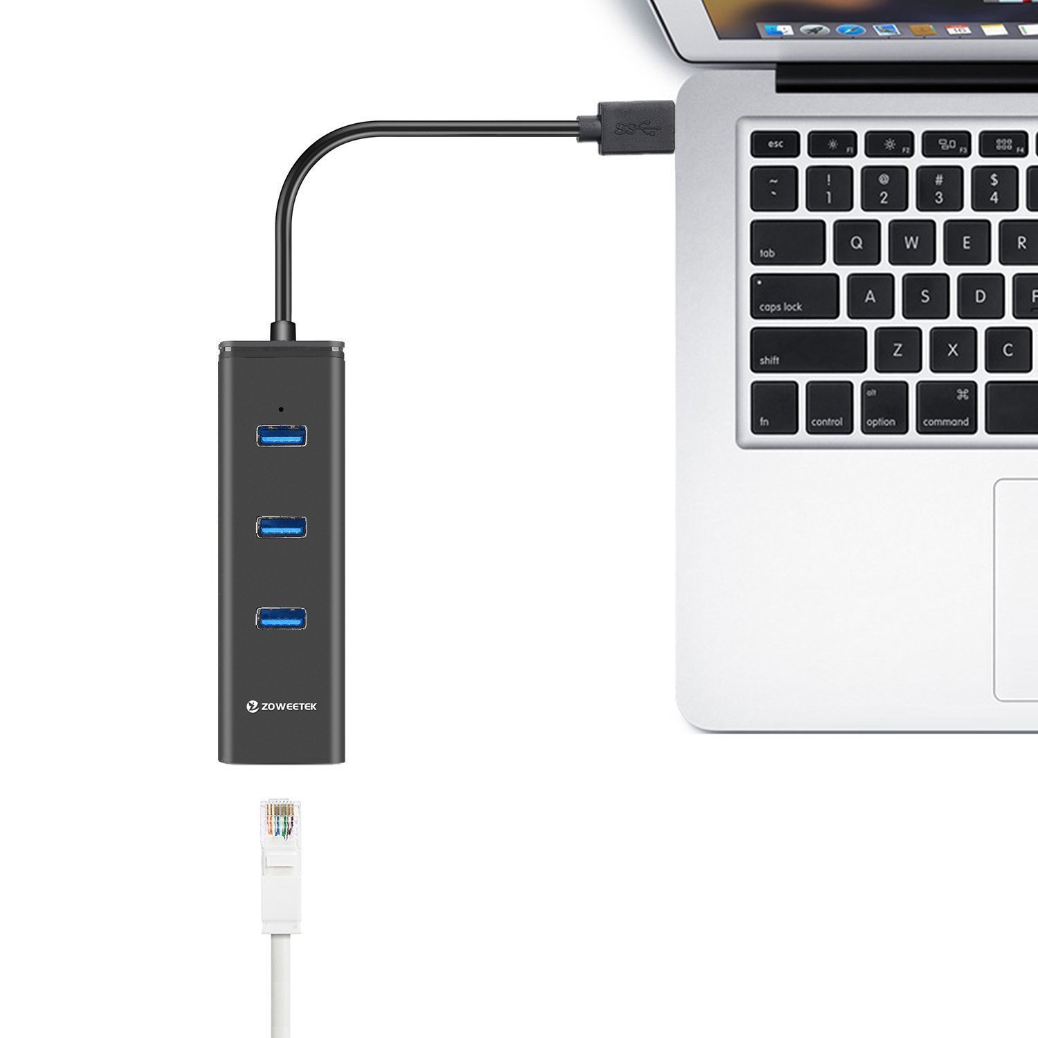 Zoweetek® USB 3.0 Hub 3 Ports + 1 Gigabit RJ45 Ethernet LAN Wired Network Adapter for Mac OS, Windows and Linux | No drivers | Aluminum