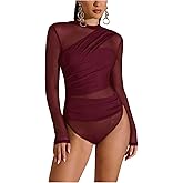 SweatyRocks Women's Sheer Mesh Bodysuit Ruched Mock Neck Long Sleeve Fitted Leotard