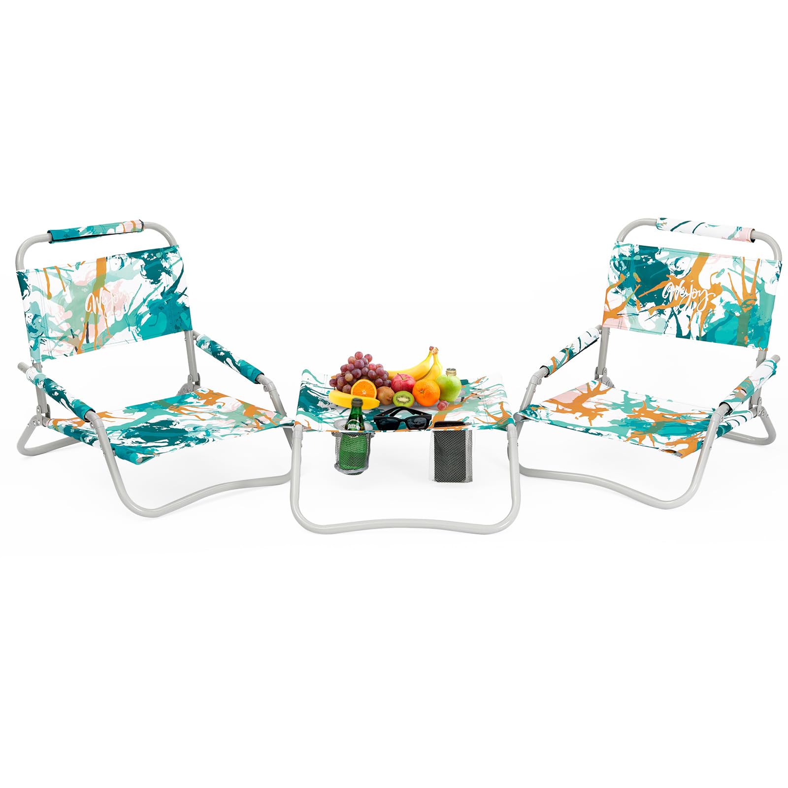 Photo 1 of #WEJOY 2 Beach Chairs and Table Set Lightweight & Folding Backpack Beach Chair for Outdoor Beach Lawn Camping Picnic Cyan/Orange Beach Chairs Set