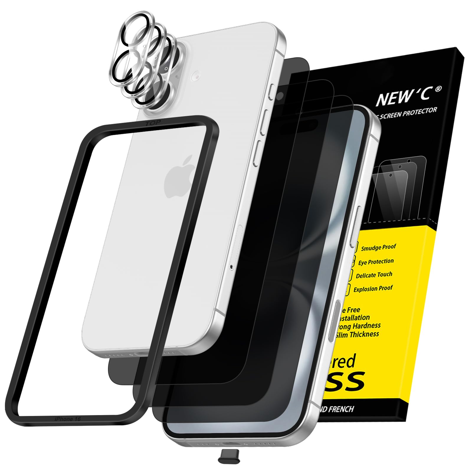 Photo 1 of NEW'C 3x Privacy for iPhone 16 Screen Protector (6.1 inches)+ 3x Camera Lens Protector, Sensor Protection, Case Friendly Tempered Glass Film + Dust Plug - Easy installation tool included