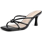 Goderci Kitten Strappy Heels for Women Knotted Square Open Toe Slip On Mule Heels Mid Heeled Sandals