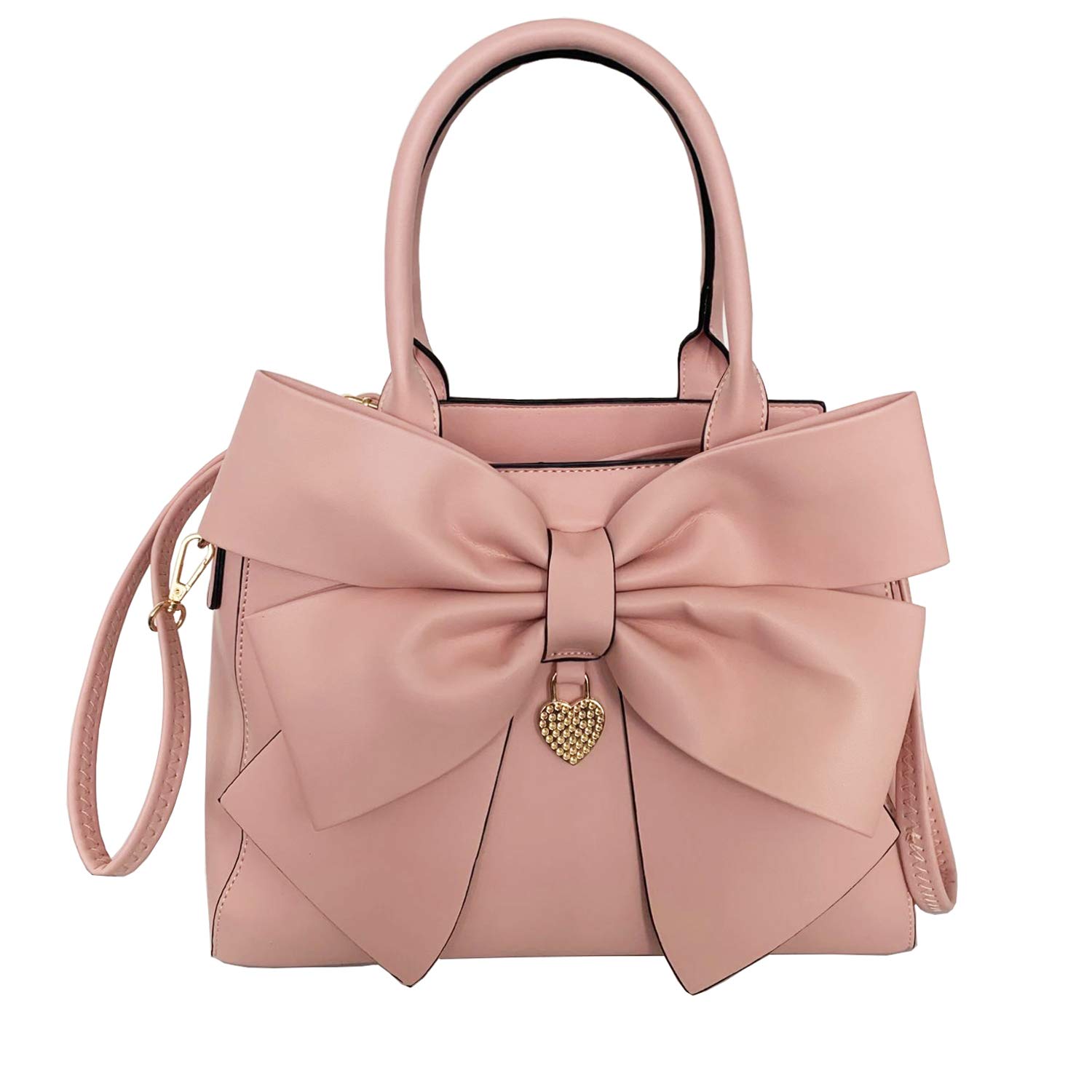 Women Handbag 2 Pcs Set Big Bow-Knot PU Leather Top Handle Bag Designer Tote Bag Clutch Wallet Set for Ladies, Pink