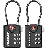 SURE LOCK TSA Approved Luggage Locks with Open Alert Indicator, 3 Digit Combination Cable Travel Lock for Suitcase, Backpack &amp; Travel Bag, 2 Pack Black