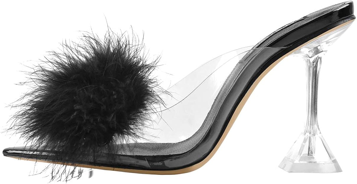 fluffy block heels black