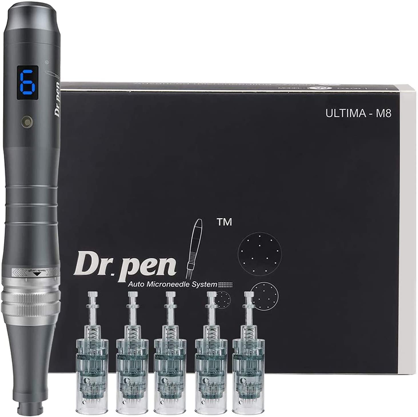 Dr. Pen Ultima M8 Wireless Microneedling Pen - Professional Derma Pen At-Home Cosmetic Skincare Tool with 6 Speeds, LCD Display, 5 x 16-Pin Cartridges for Face, Body, Beard & Scalp UK