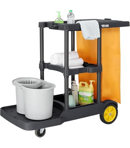 Janitor Cart Commercial Janitorial Cart With 4 Cabinets & Vinyl Bag - Housekeeping Utility Cart With Wheels, Shelves, Cover - For Hotel, Janitorial & Room Service Service Cart