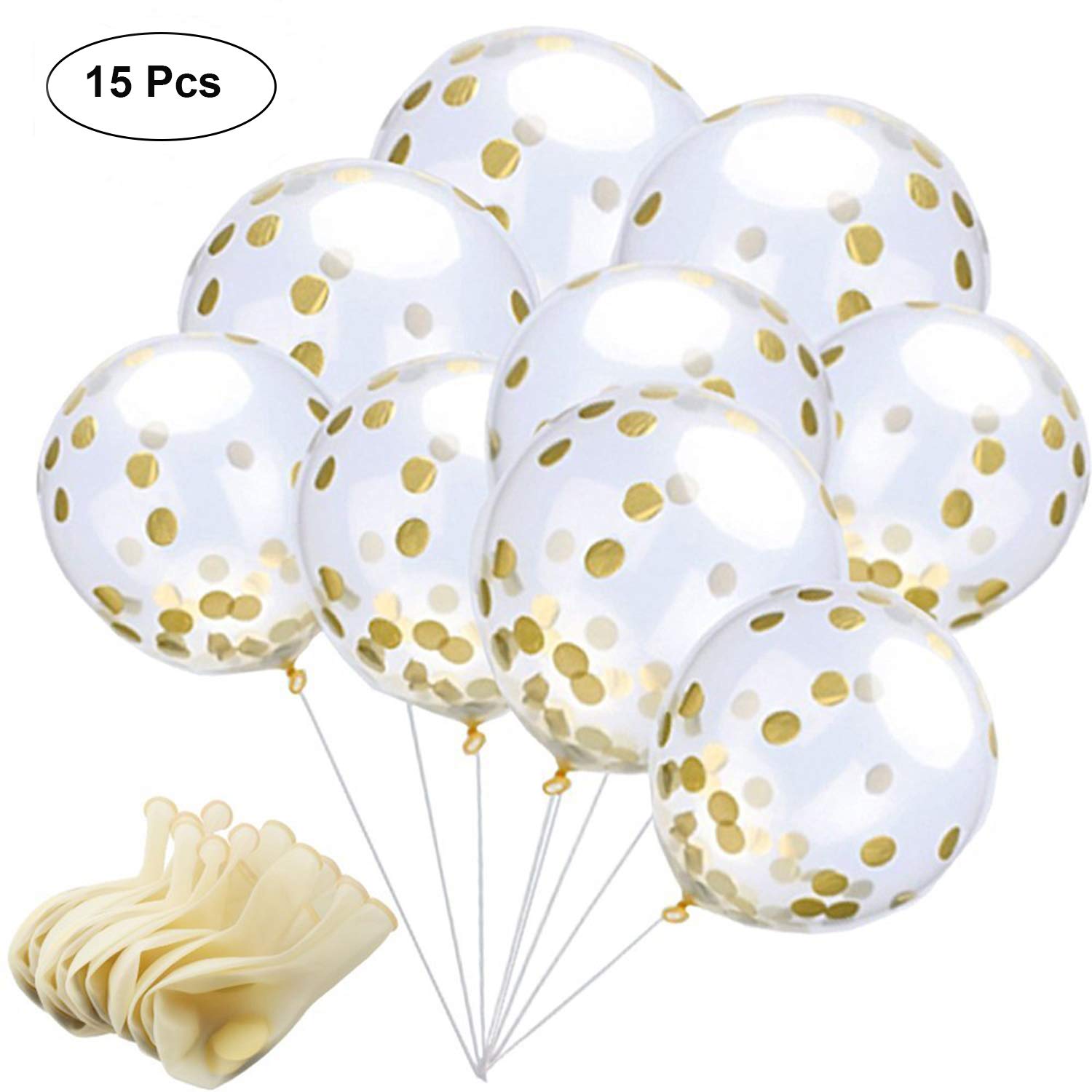 Gold Confetti Balloons, 12 Inches Clear Latex Party Balloons With Golden Paper Confetti Dots For Birthday, Wedding or Party Decorations (15 Pieces)