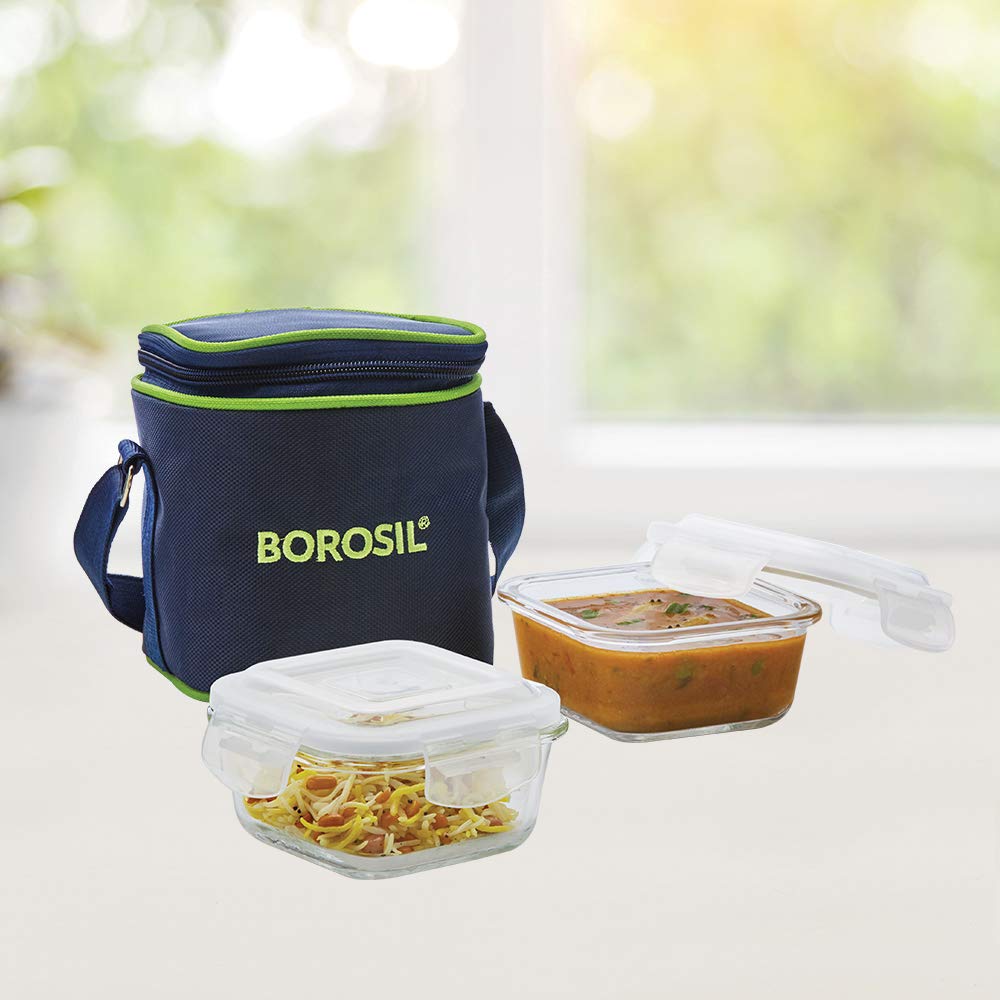 Buy Borosil Glass Lunch Box Set of 2, 320 ml, Vertical, Microwave Safe