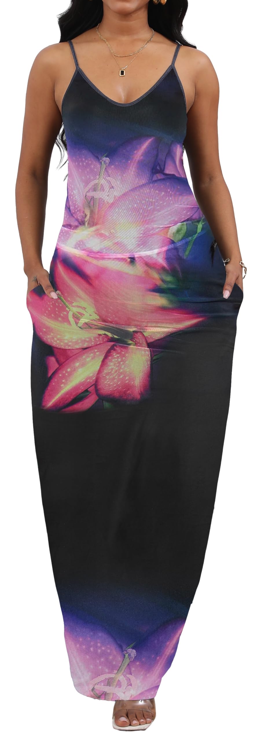 Photo 1 of Women's Sundresses Sexy Spaghetti Strap Off Shoulder Dress Loose Vintage Black Purple Geometric Bohemian Long Maxi Dress Plus Size with Pocket in Summer xl 