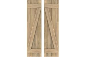 EKENA MILLWORK 14"W x 66"H Americraft Four Board (2 Batten) Exterior Real Wood Joined Board-n-Batten Shutters w/Z-Bar (Per Pair), Unfinished