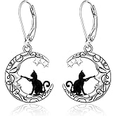 Black Cat Earrings for Women Cat Moon Earrings Sterling Silver Cute Crescent Moon Star Cats Drop Dangle Jewelry Mom Birthday Christmas Halloween Gifts