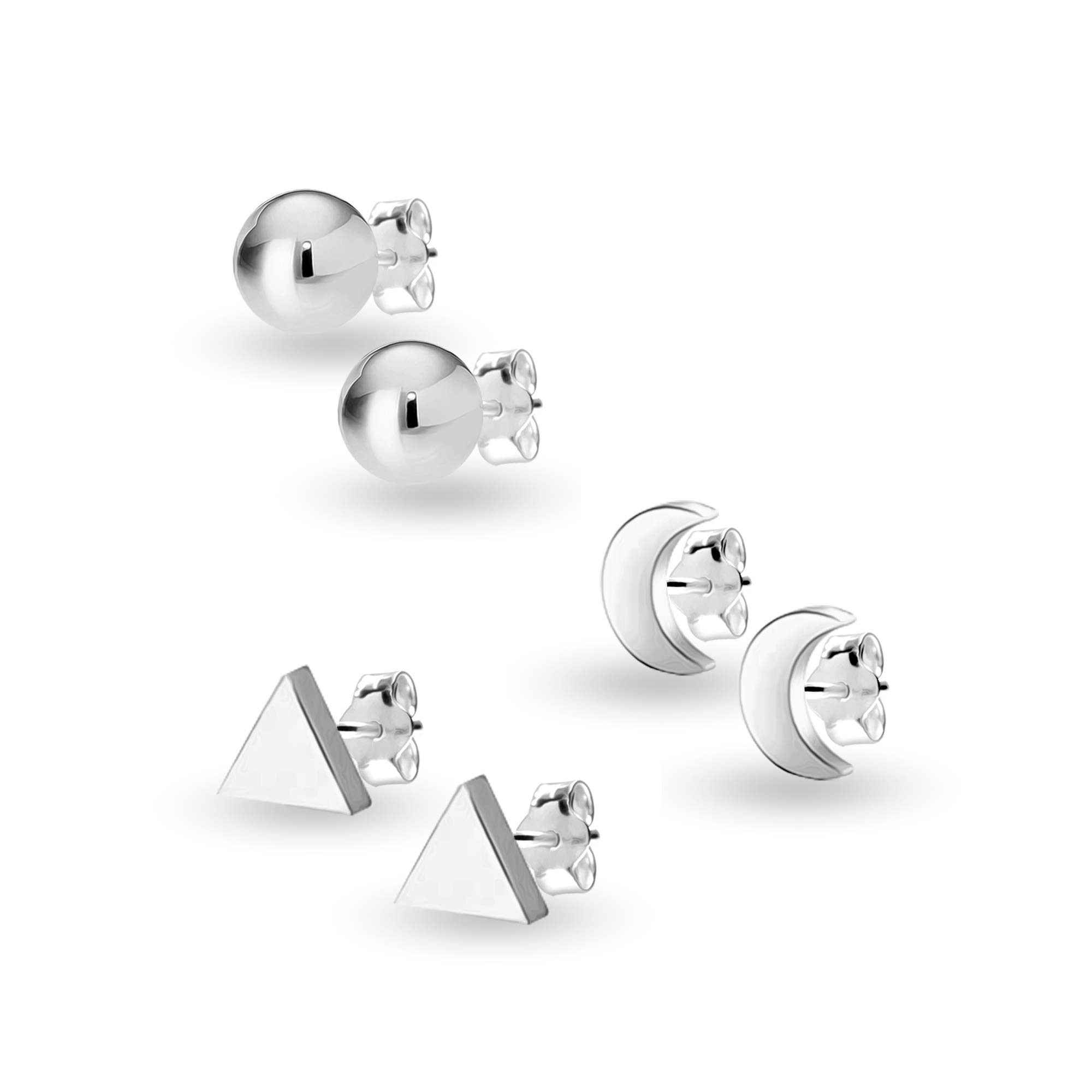 Charmsy 925 Sterling Silver Elegant Small Set of 3 Pairs 925 Sterling Silver Classic Moon Triangle Stud Earrings for Teen Women | Lightweight Silver Earrings Jewellery Gift for Women