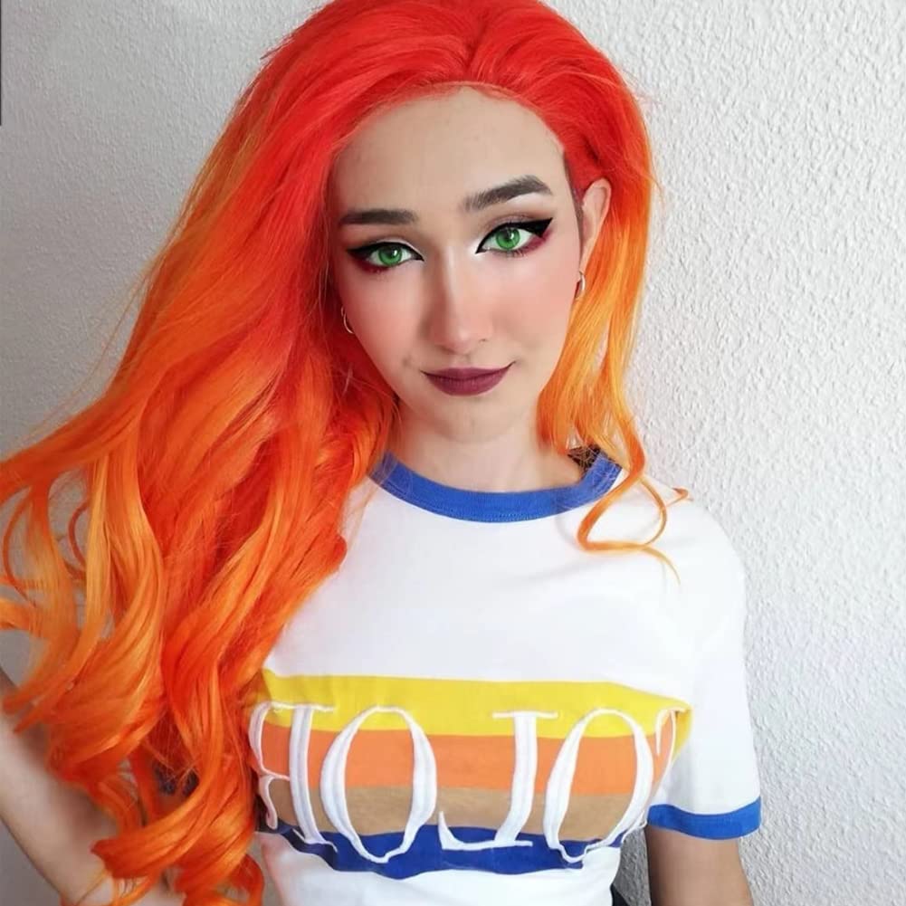 AFBeauty Orange Red Hair Long Wavy Orange to Yellow Free Part Wig Synthetic Lace Front Wig Heat Resistant Fiber Soft hIR for Women Cosplay 24’’ (24, Orange Red)