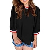 Tankaneo Womens Crew Neck Tunic Tops Casual Loose Fit Color Block Blouse 3/4 Puff Sleeve Textured Shirts
