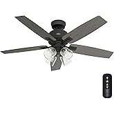 Hunter 52 inch Indoor Ceiling Fan with LED Lights and Remote Control - Black Ceiling Fan, Standard Mount, 5 Blades, For Bedro