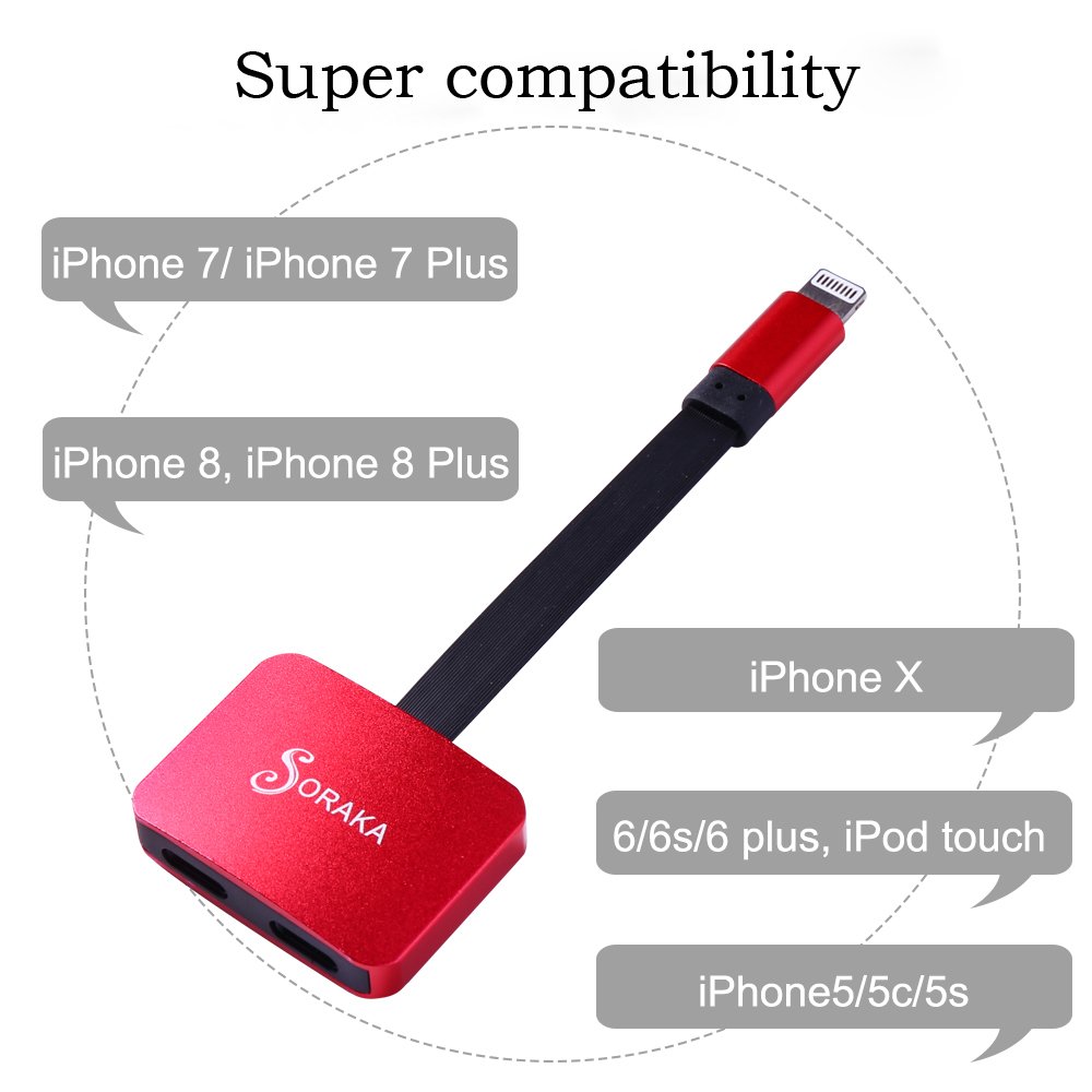 SORAKA Dual Lightning Adapter and Splitter 2 in 1 for iPhone 7/iPhone 7 Plus/ iPhone 8/ iPhone 8 plus/iPhone X, Audio & Charge & Call Function (Support iOS 11) (Sliver)
