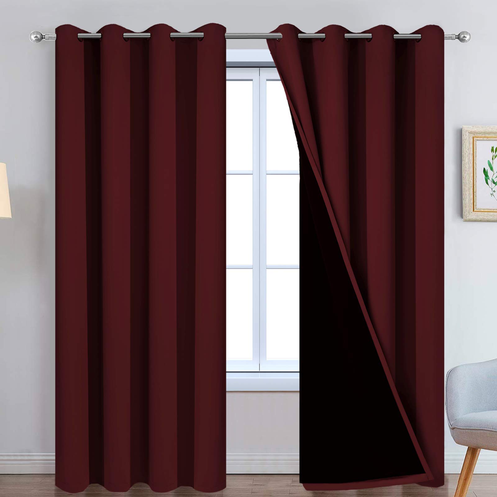 Yakamok Completely Blackout Curtains 2 Thick Layers Thermal Insulated Drapes for Bedroom, Room Darkening Panels for Living Room(52Wx96L, Burgundy Red, 2 Panels) Image