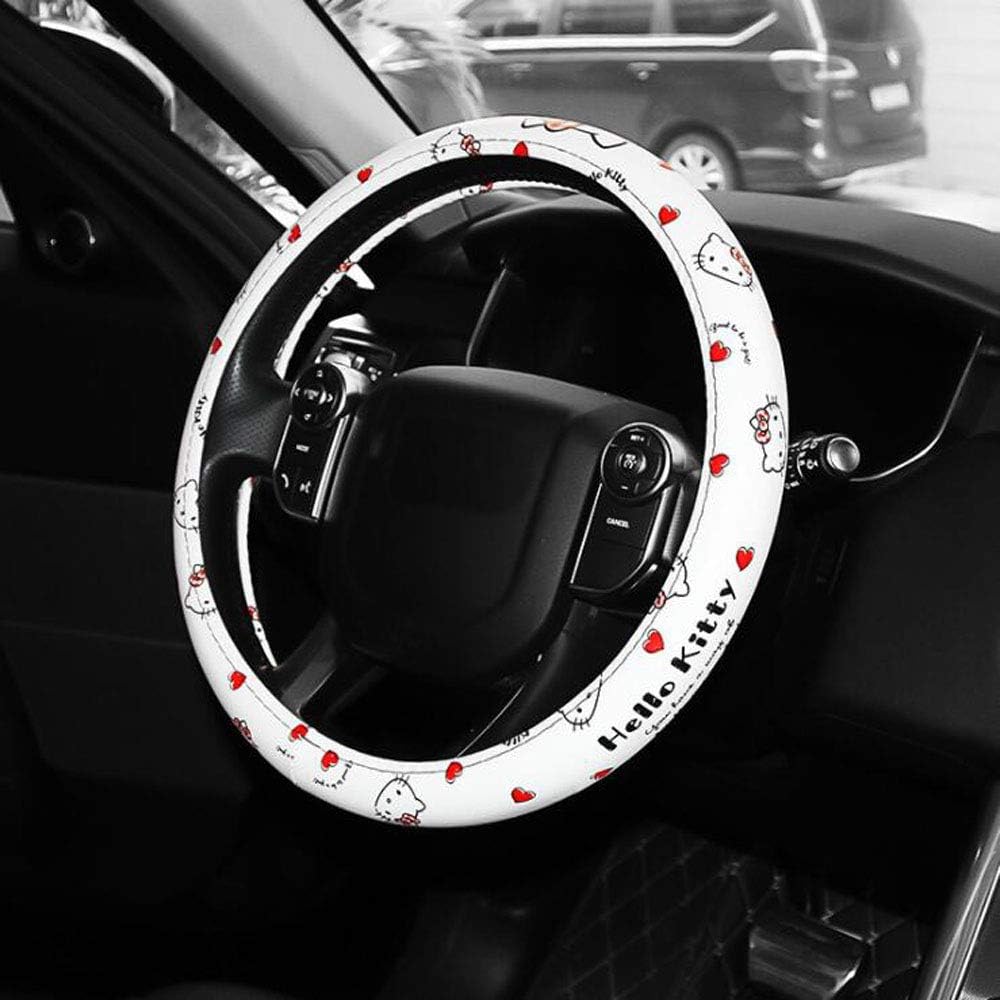 Amazon カーメン Carmen ハローキティハンドルカバー レザー滑り止め手袋 ユニバーサル15インチ 女の子や女性へのギフトに最適 ホワイト Cwc ステアリング ハンドル 車 バイク