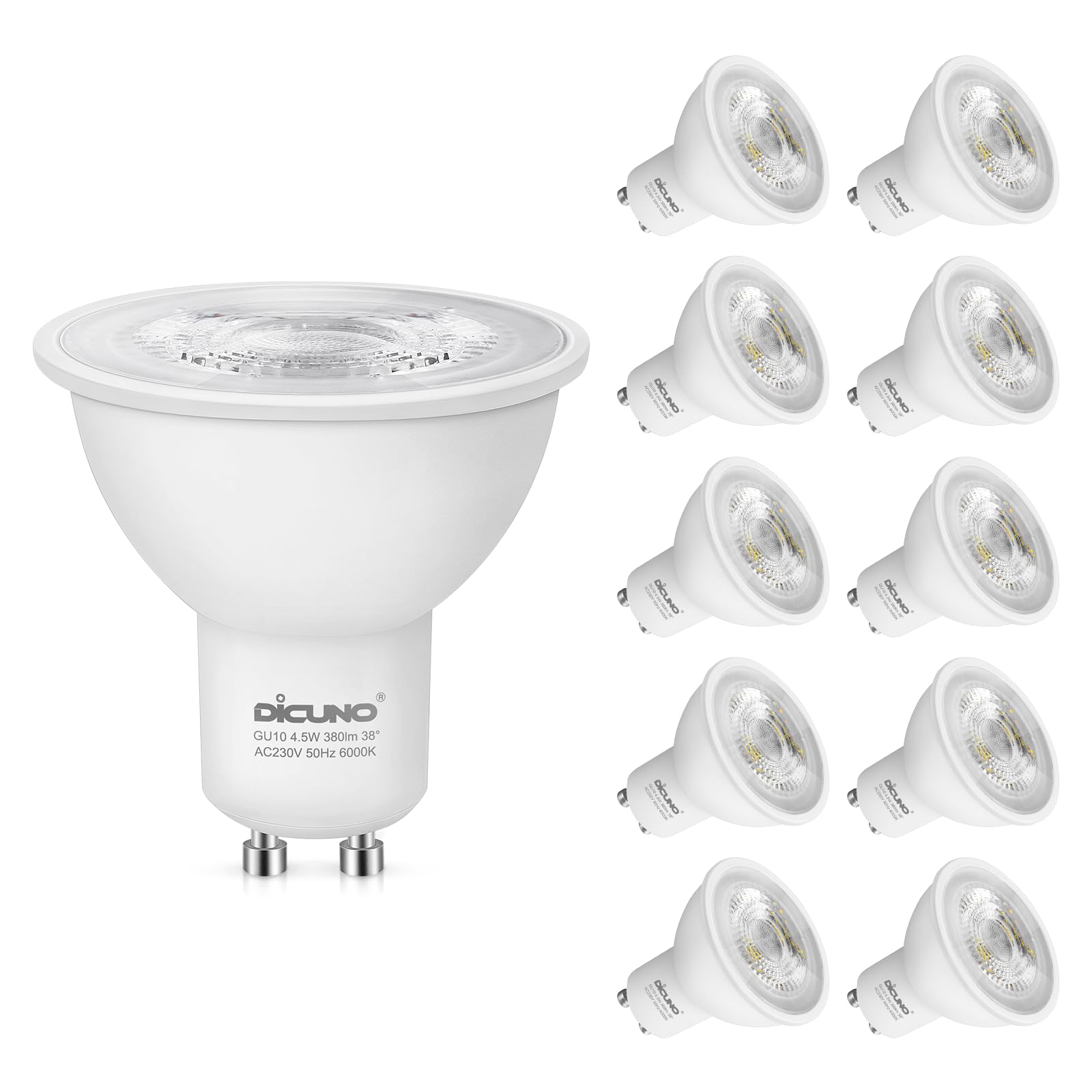 DiCUNO GU10 LED Bulbs Cool White 6000K, 4.5W 380LM Energy Saving GU10 LED Light Bulbs, 40W Halogen Spotlight Equivalent, Non-dimmable for Home Lighting Decor, 45° Beam Angle, 10 Pcs