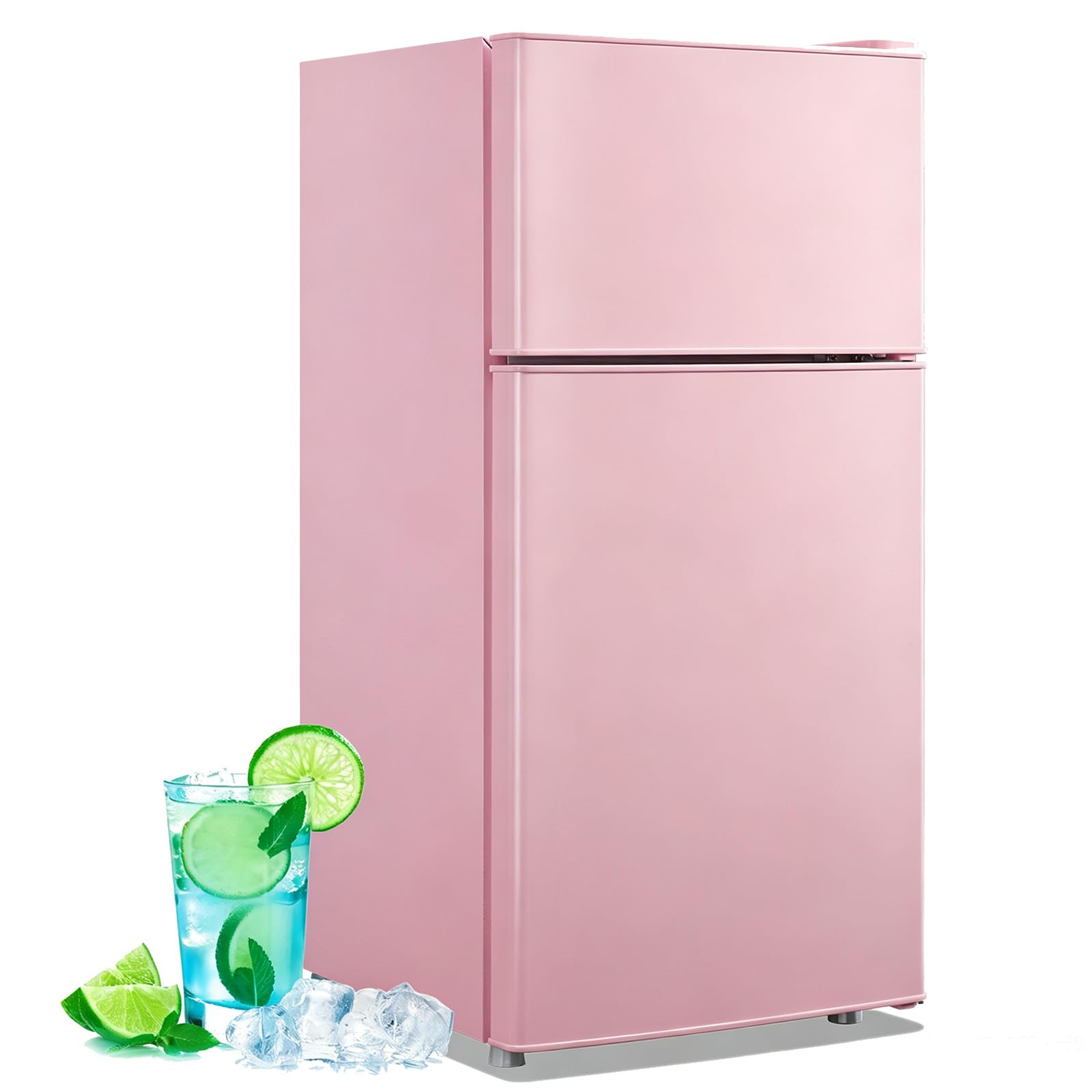 DEMULLER 45L Personal Double‑Door Mini Fridge With Freezer, Pink | 2.4 Cu.ft, Tiny Size, 7‑Level Adjustable Thermostat, Small