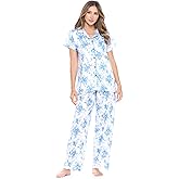 Casual Nights Women's Short Sleeve Long Pants Pajamas Set Floral Sleepwear & Loungewear Button Down Shirt PJ Set